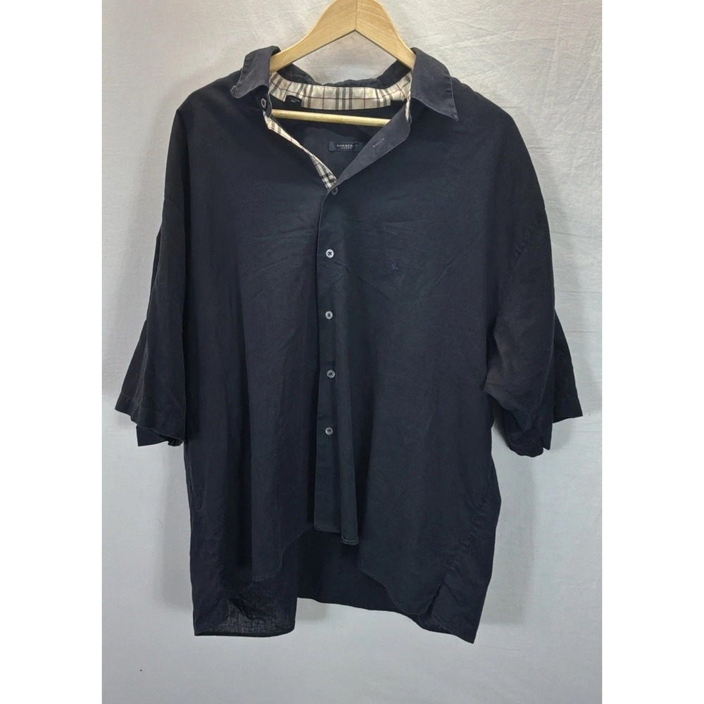 Burberry London Shirt Mens XXL Cotton Linen Navy Short Sleeve Nova Check Trim